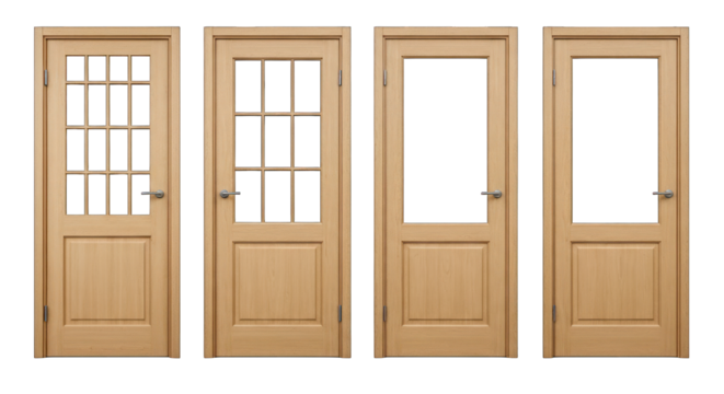 Four wooden doors with glass panels, showing varying window configurations