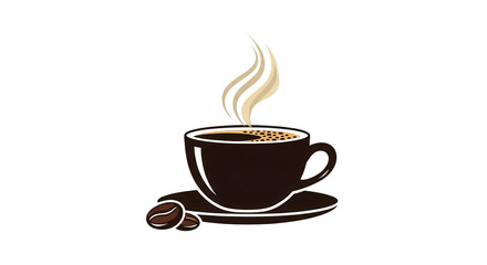 Aromatic coffee in a dark cup sits above two beans, white steam rising against a black canvas.