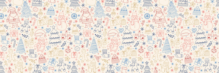 Colourful Christmas seamless pattern with cartoon characters and ornaments. Vector illustration
