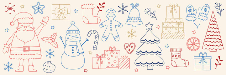 Set with cute cartoon Christmas decorations. X-mas clip arts: Santa Claus, snowman, cookie and tree. Vector illustration