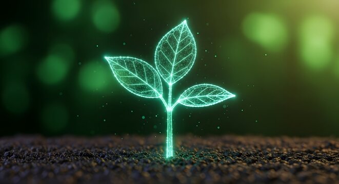 Green technology and futuristic plant growth system. Sustainable agriculture and innovation concept. Glowing digital wireframe seedling in the soil with bokeh background