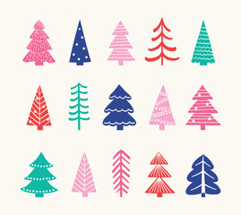 Obraz premium Cartoon Christmas tree icon collection. Abstract ornaments design. Vector illustration