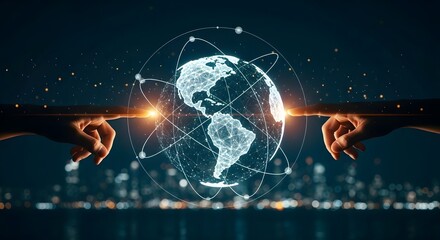 Global business partnership and worldwide connection. Internet communication and international teamwork. Two hands touching a glowing wireframe Earth with a city skyline