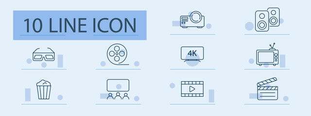Cinema set icon. Glasses, reel, projector, speaker, screen, TV, popcorn, audience, video, clapper. Movie, media, show, production, experience, technology, broadcast, entertainment.