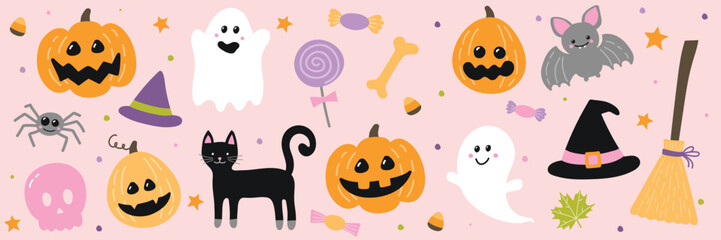 Collection of a hand drawn elements for Halloween. Vector illustration