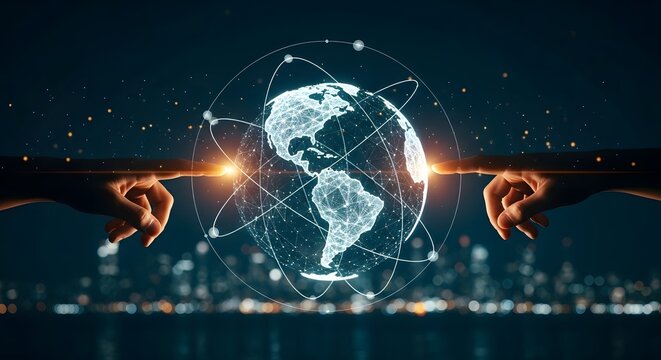 Global business partnership and worldwide connection. Internet communication and international teamwork. Two hands touching a glowing wireframe Earth with a city skyline