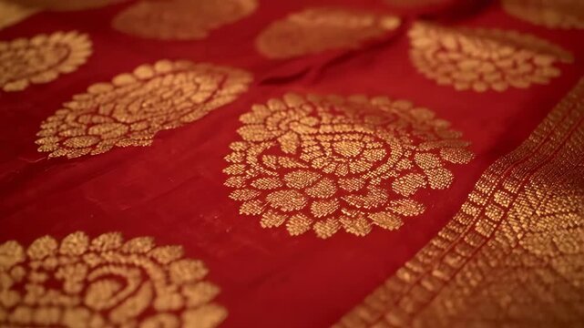 Elegant Indian Traditional Saree Fabric with Intricate Golden Paisley Patterns for Festive and Cultural Celebrations