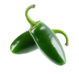 Fresh jalapeno pepper isolated on white background. Slices of green hot serrano pepper. Clipping path.