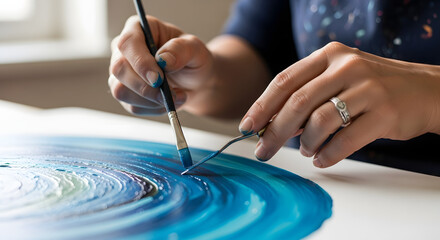 An artist's hands using a paintbrush and palette knife to create a textured blue abstract painting with circular strokes
