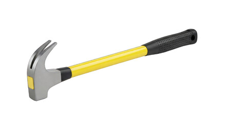 Hammer tool with grey head, yellow shaft, and black handle on black