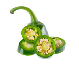 Fresh jalapeno pepper isolated on white background. Slices of green hot serrano pepper. Clipping path.