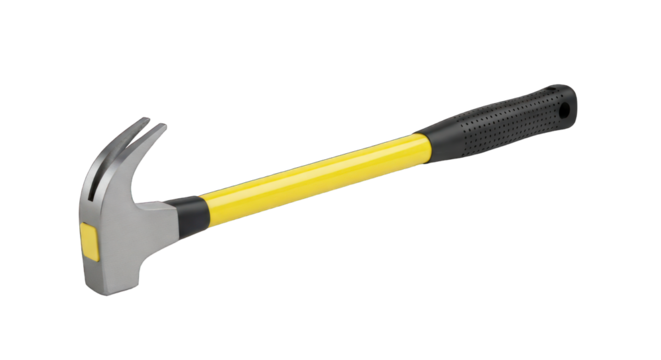 Hammer tool with grey head, yellow shaft, and black handle on black