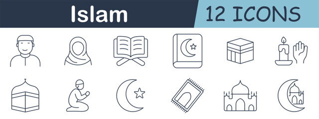 Islam set icon. Man, woman, Quran, crescent, Kaaba, candle, prayer, mosque, mat, architecture, moon.