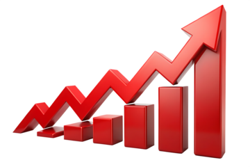 Bold red arrow chart showing upward trend and growth isolated on white background ,PNG. AI Generated