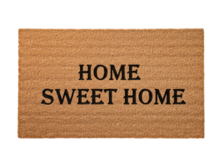 Door mat says "Home Sweet Home" in block letters on a brown rectangular field