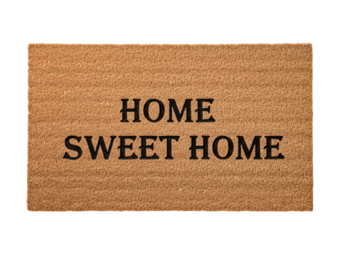 Door mat says "Home Sweet Home" in block letters on a brown rectangular field