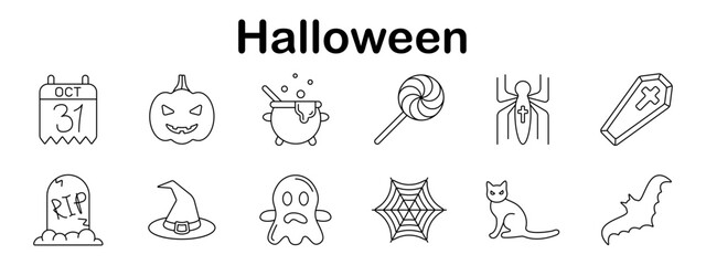 Halloween set icon. Calendar date, carved pumpkin, cauldron, lollipop, hanging spider, coffin, tombstone, witch hat, ghost, spiderweb, black cat, bat illustrated simply.