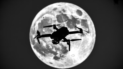 Drone Silhouetted Against Full Moon in Night Sky – Technology Meets Nature in Celestial Composition