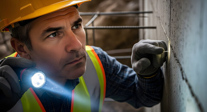 Construction inspector in a hard hat examines a concrete wall with a flashlight for structural defects