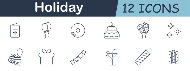 Holiday set icon. Greeting card, balloons, disc, cake, bouquet, sparkles, wrapped gift, party garland, cocktail, firework, candles, festive elements for celebration.