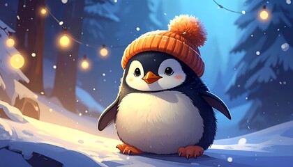 Winter Penguin in Snowy Landscape with Hat and Lights.