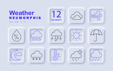 Weather set icon. Cloud, rain, snow, sun, wind, storm, temperature, umbrella, moon, thunder, humidity daily forecast icons in neumorphism style.