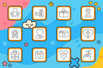 Charity set icon. Heart hands, donation bag, box, ribbon, medal, giving hand, website, faith heart, gift, calendar, baby clothes, coin box. Support, love, donation, help.