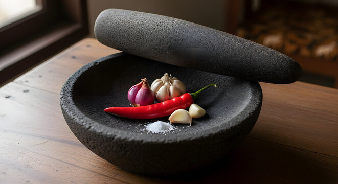 Traditional Indonesian stone mortar and pestle with fresh chili garlic and shallots for making sambal