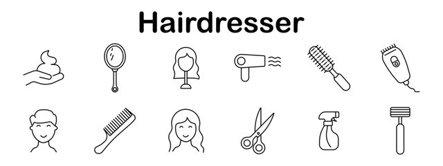 Hairdresser set icon. Line style icons showing mirror, scissors, hairdryer, spray, brush, razor, shampoo, heads, and comb in personal grooming context
