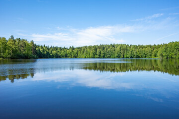 Still lake reflects a forest under a blue sky with few clouds. Tranquil and serene scenic view.