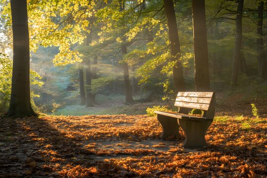 A solitary wooden park bench bathed in the warm golden light of a misty autumn morning in a serene forest setting - Powered by Adobe