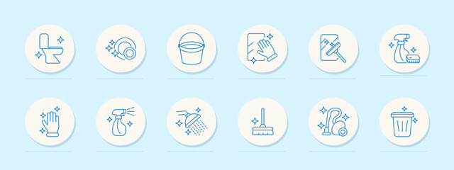 Cleaning set icon. Toilet, dishes, bucket, sponge, wiper, spray bottle, gloves, mop, vacuum, trash bin, sparkling shower, hygiene tools, sanitation supplies.