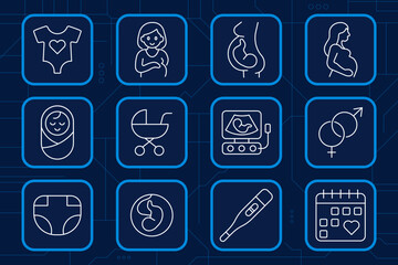 Pregnancy set icon. Expectant mother, fetus, ultrasound, stroller, baby clothes, diaper, thermometer, calendar, newborn, parenting, health, maternity care.