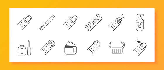 Nail care set icon. Nail, polish, file, brush, cream, sanitizer, manicure, beauty, tool, hygiene, care, shine, design, treatment, cleaning, cosmetic, skin, health, detail, hand