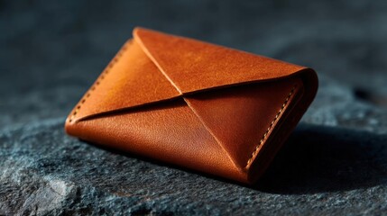 Close-up of a small, triangular-shaped wallet made of brown leather. the wallet is resting on a dark, textured surface, possibly a rock or stone.