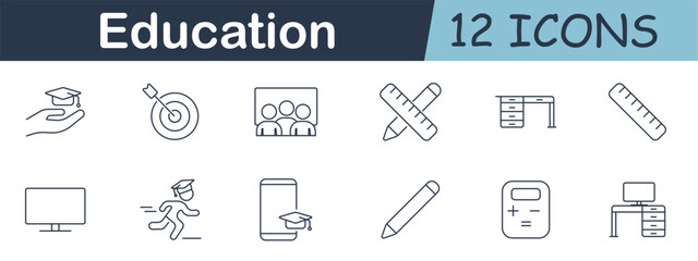 Education set icon. Graduation cap, dartboard, students, pencil, ruler, desk, monitor, graduate running, smartphone, calculator, and drawing tools in learning outline.