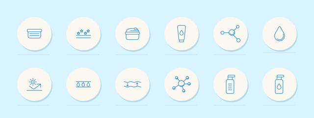 Skincare set icon. Cream, shine, container, drop, molecule, hydration, pipette, face mask, elasticity, effect, cleanser. Beauty, cosmetic, serum, body, care, soft, product, skin