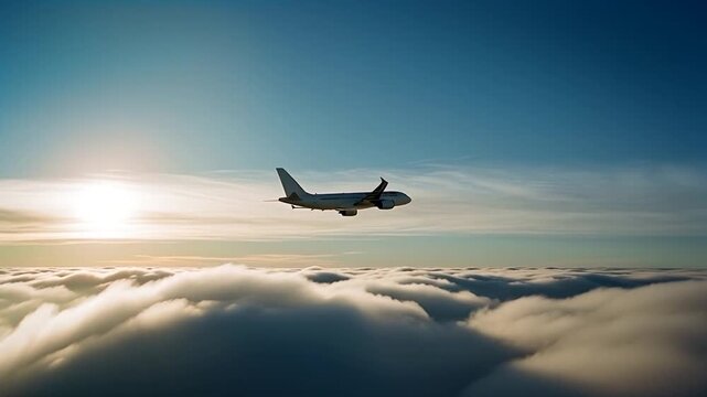 Passenger airplane flying above the clouds. Silhouette airplane flying across the sky. Side view angle.