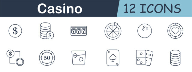 Casino set icon. Dollar coin, chips, slot machine, roulette, dice, cards, whiskey glass, tokens, jackpot interface, playing elements, betting components, luck symbols.