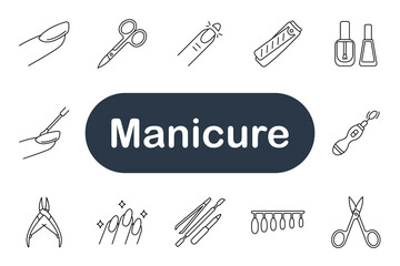 Manicure set icon. Nail polish, scissors, clipper, file, brush, drill, cuticle, nipper, hands, care, beauty, salon, design, clean, hygiene, tool, fashion, shape, color, treatment
