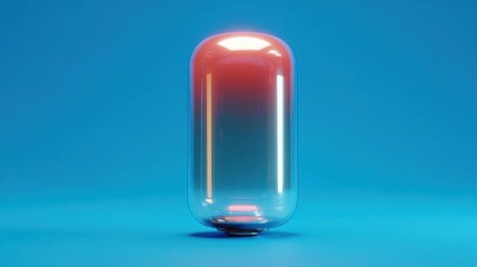 3d rendering of a transparent glass bottle with a red light inside. the bottle is standing upright on a blue background. the light is shining brightly, creating a contrast between the two colors.
