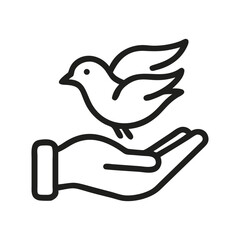 A simple line drawing shows a bird perched on an open hand stylized and black and white. Icon line style editable stroke