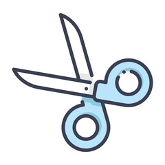 An open pair of bluehandled scissors with dark outlines The blades are light grey