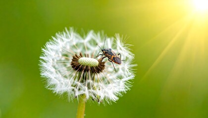 Fototapeta premium Close-up of a dandelion seed head with an insect. Sunny, natural background, soft focus and bright sunlight