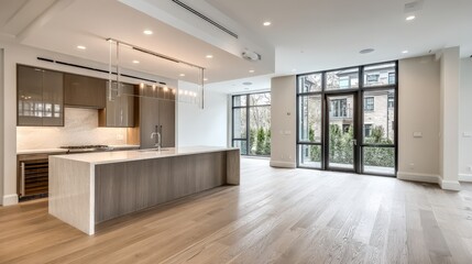 Fototapeta premium Modern kitchen with wood floors and arched feature