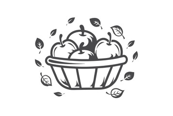 Apples in a basket surrounded by simple leaves are displayed in grayscale format