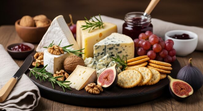 Elegant Cheese Board Display with Fruits and Crackers.