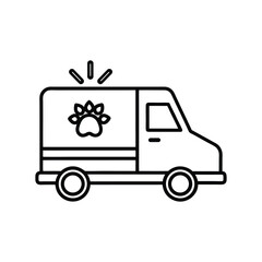 Outline illustration of a van with a paw print and lightlike rays. Icon line style editable stroke
