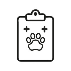 Outline of a veterinary clipboard with a paw print and two crosses. Icon line style editable stroke