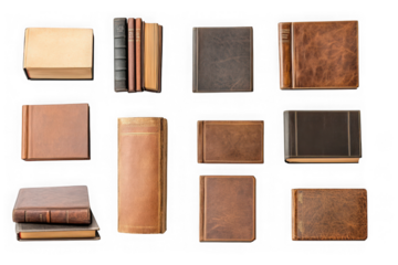 Collection of antique leather bound books in various sizes and colors isolated on black vintage